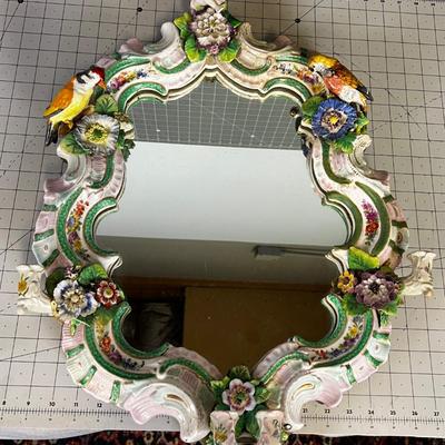 Antique Porcelain Meissen Mirror w/ Birds and Cherubs