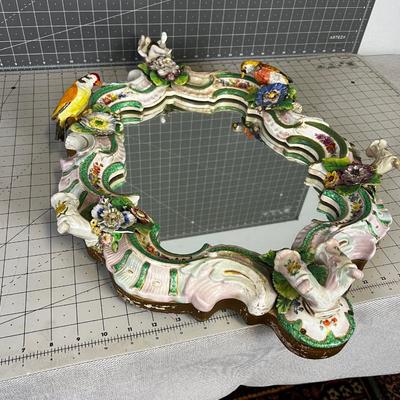 Antique Porcelain Meissen Mirror w/ Birds and Cherubs