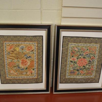Set of 2 Vintage/Antique Chinese Floral Silk Embroidery, Framed & Matted