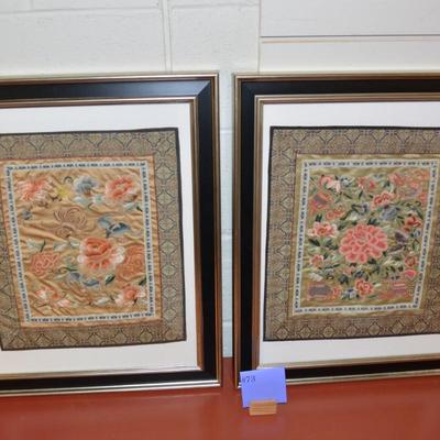 Set of 2 Vintage/Antique Chinese Floral Silk Embroidery, Framed & Matted