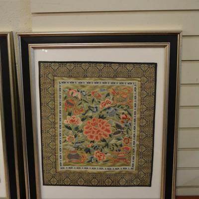 Set of 2 Vintage/Antique Chinese Floral Silk Embroidery, Framed & Matted