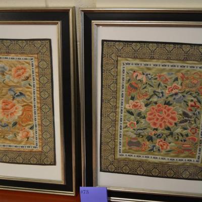 Set of 2 Vintage/Antique Chinese Floral Silk Embroidery, Framed & Matted