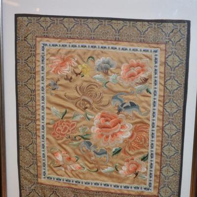 Set of 2 Vintage/Antique Chinese Floral Silk Embroidery, Framed & Matted