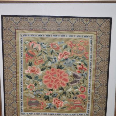 Set of 2 Vintage/Antique Chinese Floral Silk Embroidery, Framed & Matted
