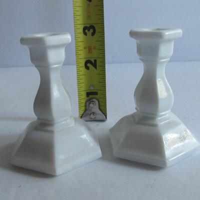 Lot 319:  Pair Child's Miniature Milk Glass Candlesticks
