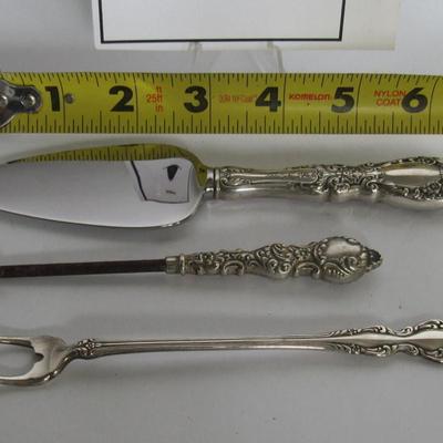 Lot 331:  Vintage Sterling Handled Button Hook, Small Pie Server, and Plated Olive Fork