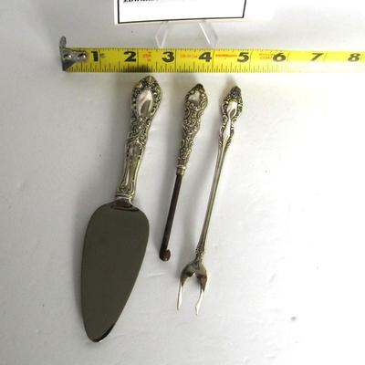 Lot 331:  Vintage Sterling Handled Button Hook, Small Pie Server, and Plated Olive Fork