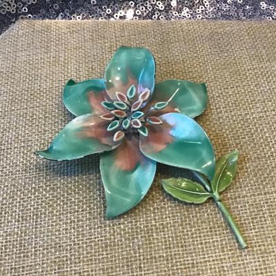 Vintage  Flower Brooch Pin - Blue Green Tan  Enamel -