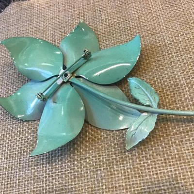 Vintage  Flower Brooch Pin - Blue Green Tan  Enamel -