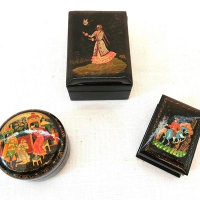Lot #30  Lot of 3 Russian Lacquer Fairy Tale Boxes