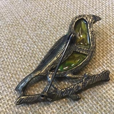 Goldtone, Rhinestone BronzeTone Lucite Green Bird On Branch Branch Brooch Pin
