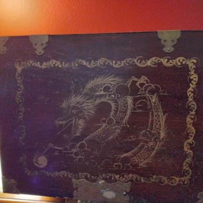 Antique Golden Dragon Wood & Brass Storage Box