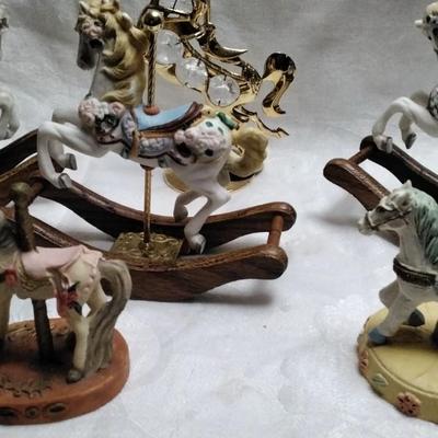 Set of 6 Porcelain and 1 Glass Carousel Horses