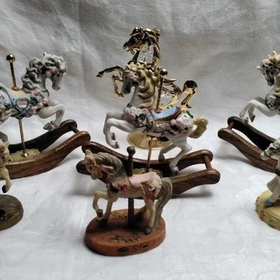 Set of 6 Porcelain and 1 Glass Carousel Horses