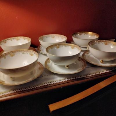 Nippon Bone China Three Footed Bowls & Saucers Set of 6 Circa 1910