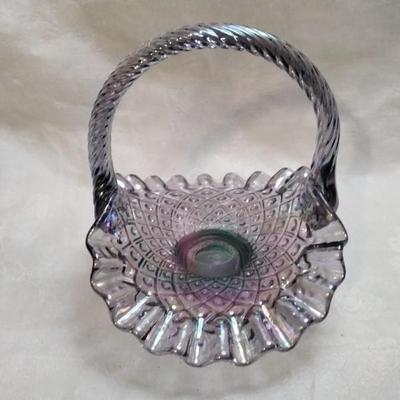 Fenton Iridized Blue Opalescent Diamond Lace Art Glass Basket