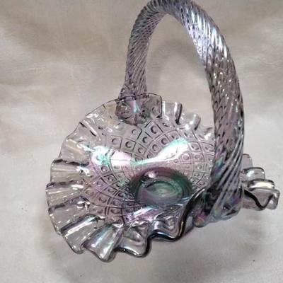 Fenton Iridized Blue Opalescent Diamond Lace Art Glass Basket