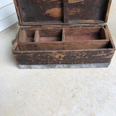 Late 19th century primitive carpenterâ€™s woodworkers box storage caddy.  Antique wooden Stanley level.