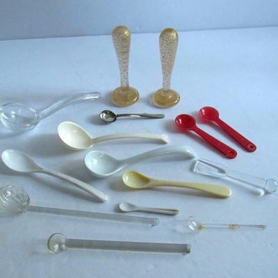 Lot 348: Vintage Through Modern Condiment Spoons, Two Glass Pestles