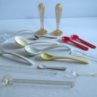 Lot 348: Vintage Through Modern Condiment Spoons, Two Glass Pestles