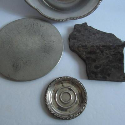 Lot 357: Misc Lot of Kitchen Stuff: Alessi Italy Bowl, Sterling Butter Pat, Granite Hot Pad
