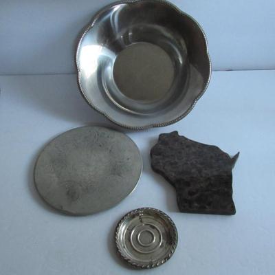 Lot 357: Misc Lot of Kitchen Stuff: Alessi Italy Bowl, Sterling Butter Pat, Granite Hot Pad