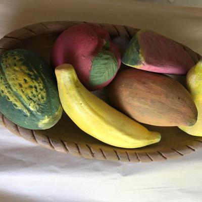 Large hand crafted in Mexico terra cotta pottery fruit bowl and colorful fruit