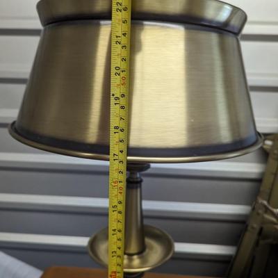 Nice mid century burnished brass lamp with round metal shade.