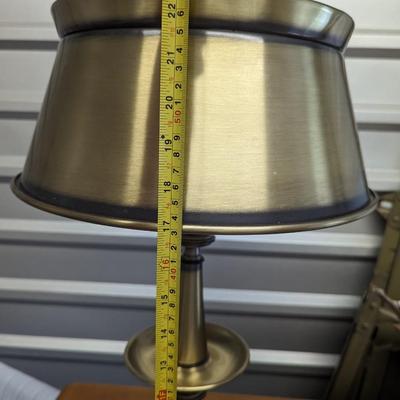 Nice mid century burnished brass lamp with round metal shade.