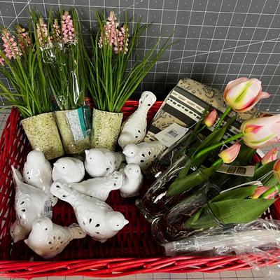 Basket of Decorative Items: New Florals, Birds-Ceramics 