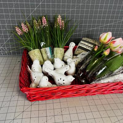 Basket of Decorative Items: New Florals, Birds-Ceramics 