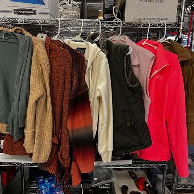 Pile of Women's Clothing Sweaters/Coats ; North Face and Eddie Bauer Jackets