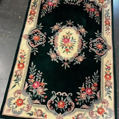 Emerald GREEN Rug, Chinese Silk with dusty Rose