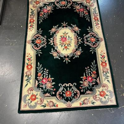 Emerald GREEN Rug, Chinese Silk with dusty Rose