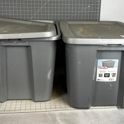 (2) 18 Gallon Storage Tubs Gray with lids 
