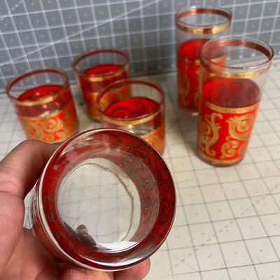 Red and GOLD Bar Glasses; 2 Tumblers and 4 Whiskey