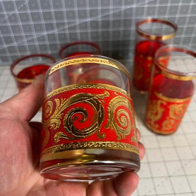Red and GOLD Bar Glasses; 2 Tumblers and 4 Whiskey