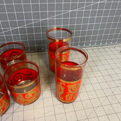Red and GOLD Bar Glasses; 2 Tumblers and 4 Whiskey