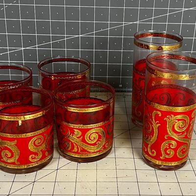 Red and GOLD Bar Glasses; 2 Tumblers and 4 Whiskey