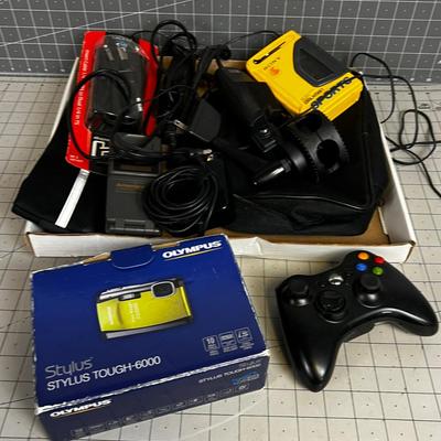 Box of Electronics and Accessories: Camera, Walkman, Game Controller 