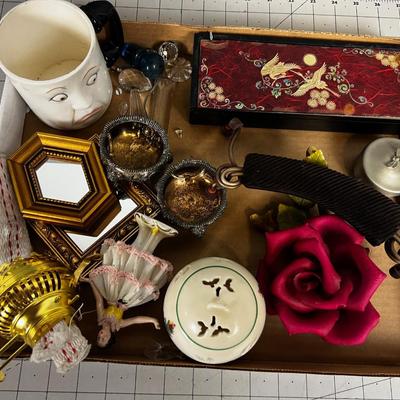 Mixed Lot of Decorative Items: Ceramic Rose, Asian Box, Mirrors