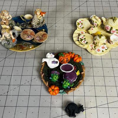 (3) Tiny Tea Party Plates: Halloween, Flowers and Mermaids