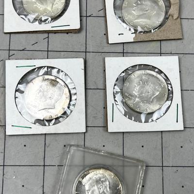 (5) 1964 90% Kennedy Half Dollars 