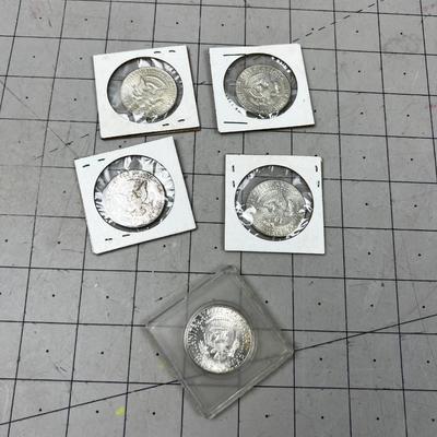 (5) 1964 90% Kennedy Half Dollars 