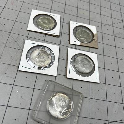 (5) 1964 90% Kennedy Half Dollars 