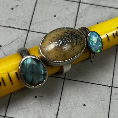(3)  Silver Oval Rings; Bone, Opal & Labradorite