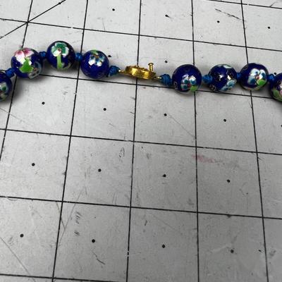 Very Nice Enamel Blue Flower Bead Necklace