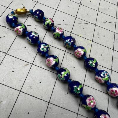 Very Nice Enamel Blue Flower Bead Necklace