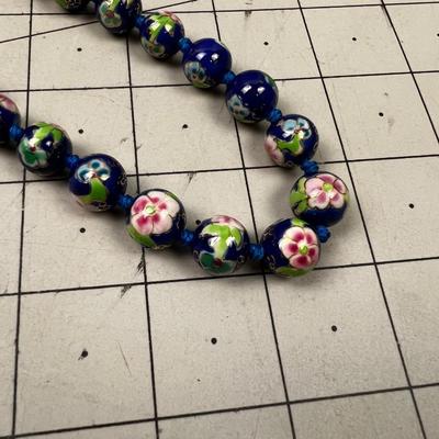 Very Nice Enamel Blue Flower Bead Necklace