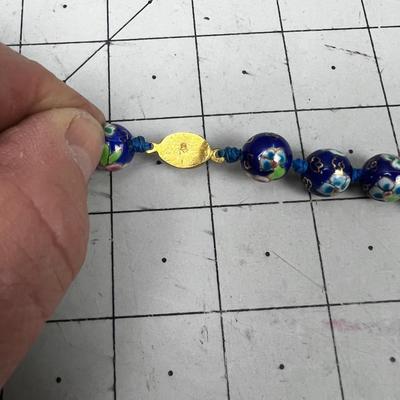 Very Nice Enamel Blue Flower Bead Necklace